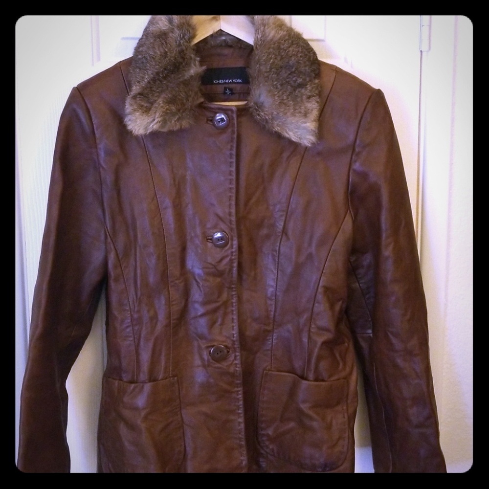 Jones New York Leather Jacket with Faux Fur Collar